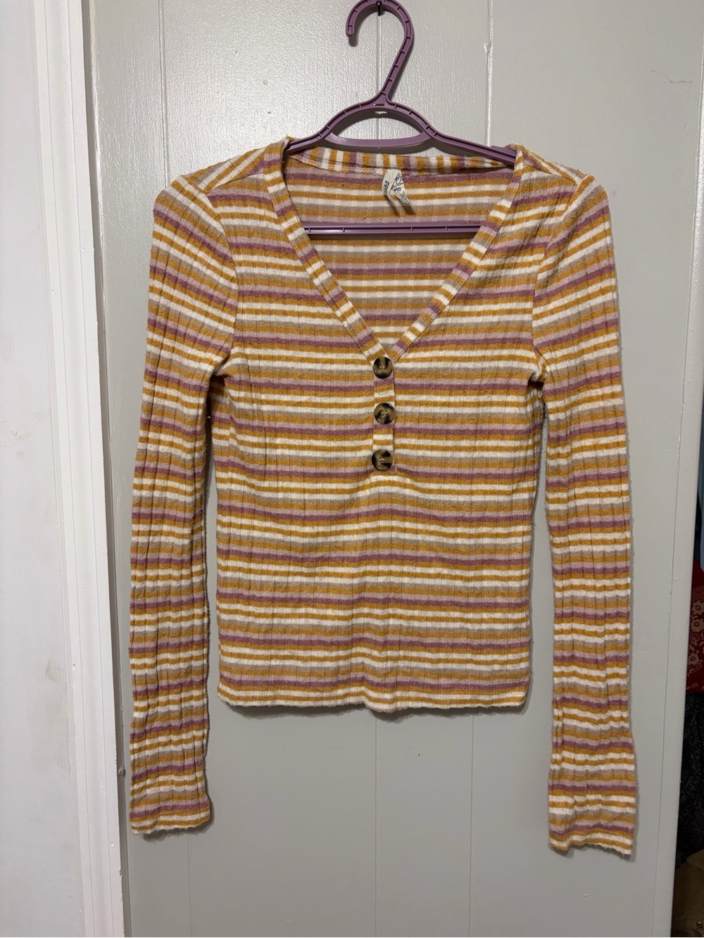 MUDD Striped V-Neck Button Front Long Sleeve